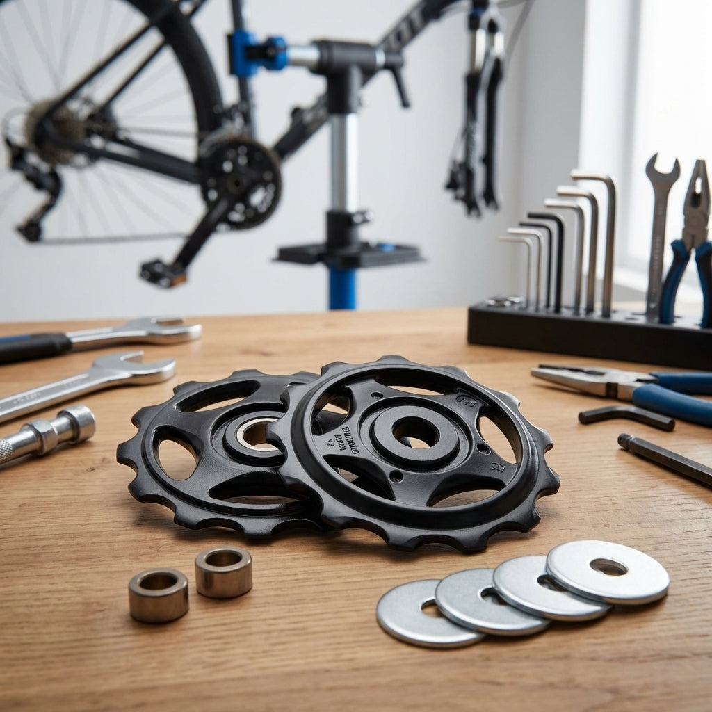 Shimano Acera RD-M410 Schaltrollensatz mit Buchsen und Scheiben auf einer Werkbank mit Fahrradwerkzeug.