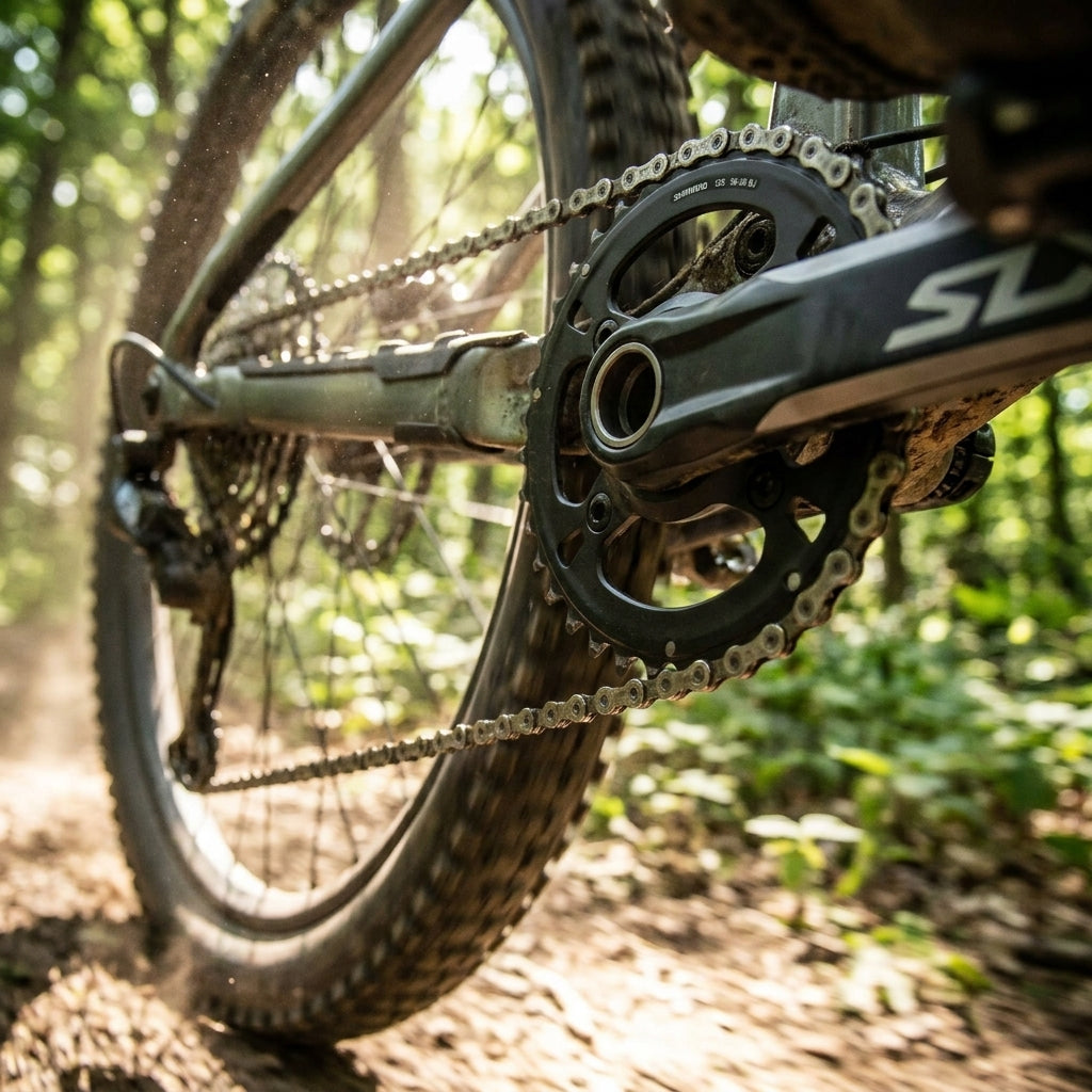 SHIMANO SLX 36 Zähne Kettenblatt am Mountainbike auf Waldweg, präziser Antrieb für moderne MTB-Schaltungen.