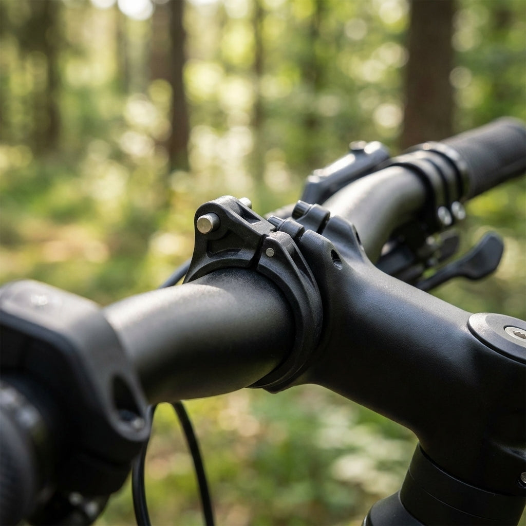Bosch Purion 200 Display Halteschelle mit Pin am Fahrradlenker im Wald.