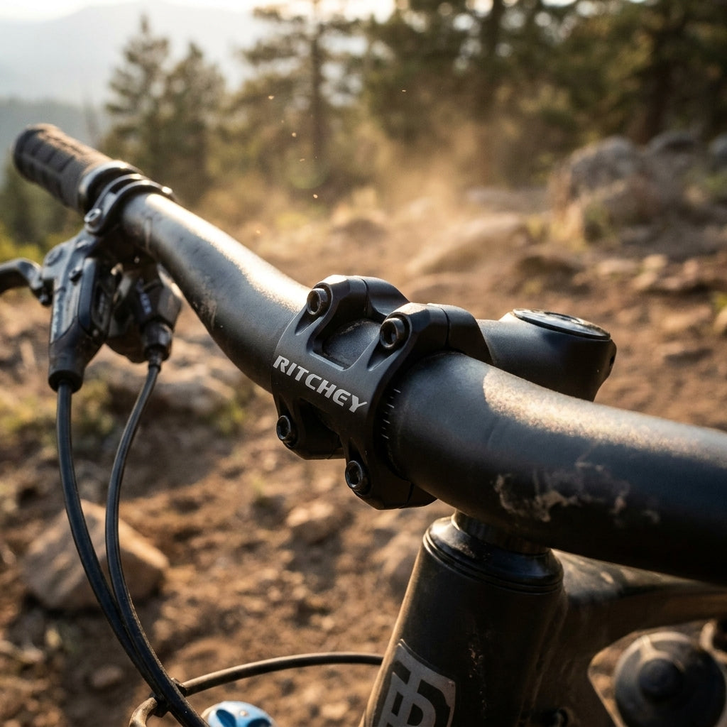 Ritchey WCS Trail Vorbau 31,8mm mit Lenker auf MTB-Trail. Robust, leicht, präzise Passform für maximale Stabilität.