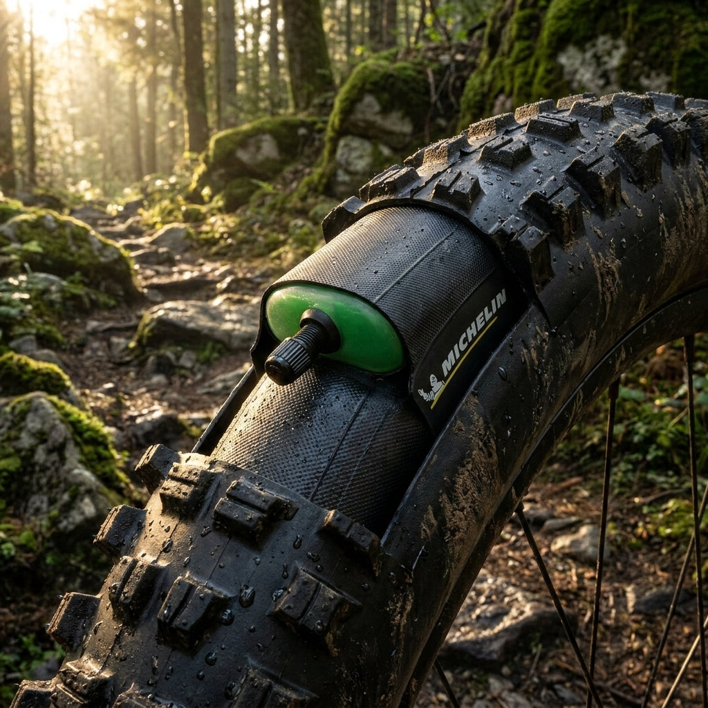 Michelin Protek Max Fahrradschlauch in Mountainbike-Reifen auf feuchtem Waldweg.