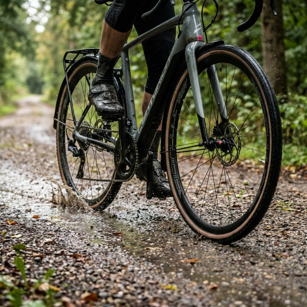 Centurion Nachrüst-Schutzbleche 28 Zoll Schwarz an Gravelbike auf nassem Schotterweg.