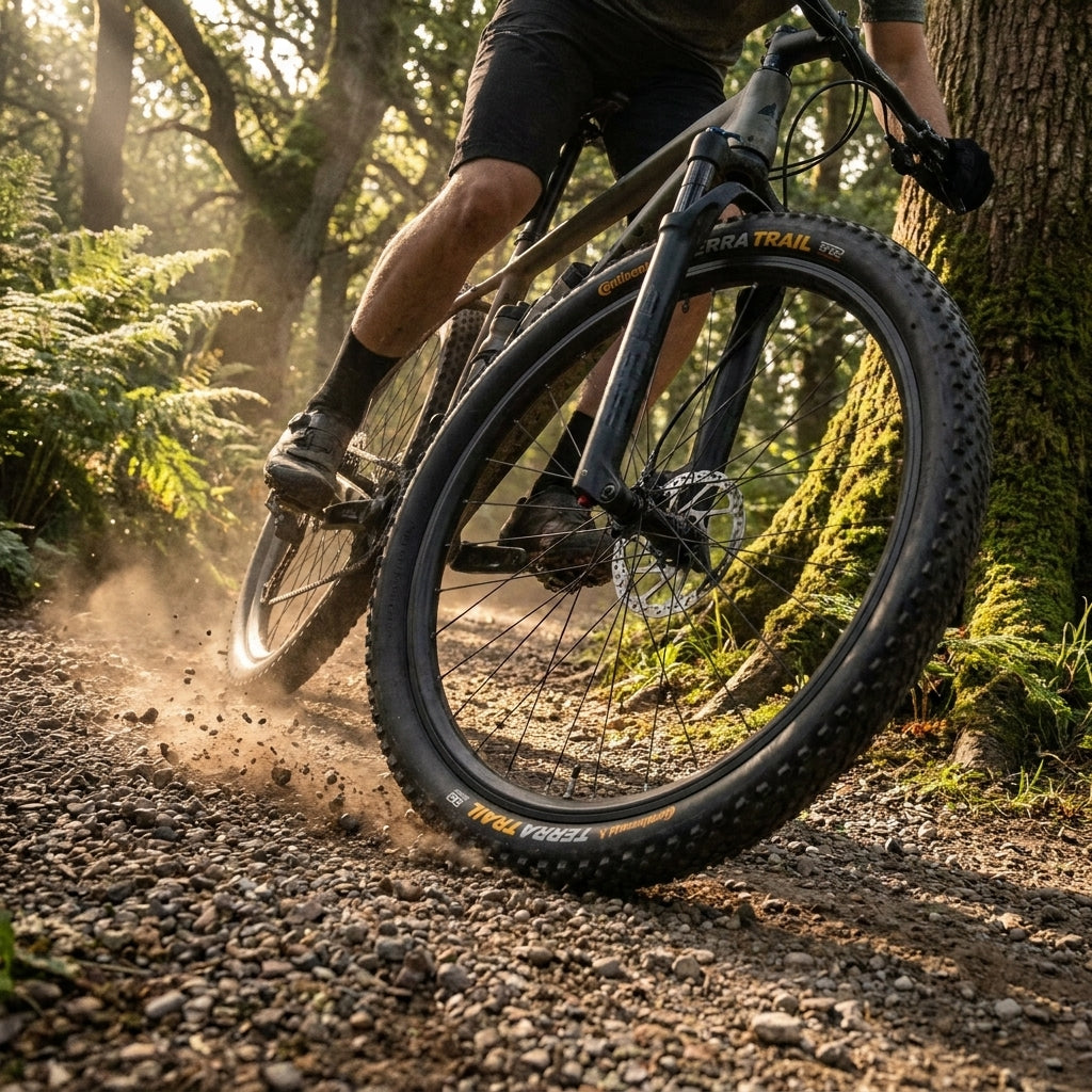 Continental Terra Trail Reifen 28x1.35 Zoll schwarz TLR E-25 faltbar auf Schotterweg im Wald.