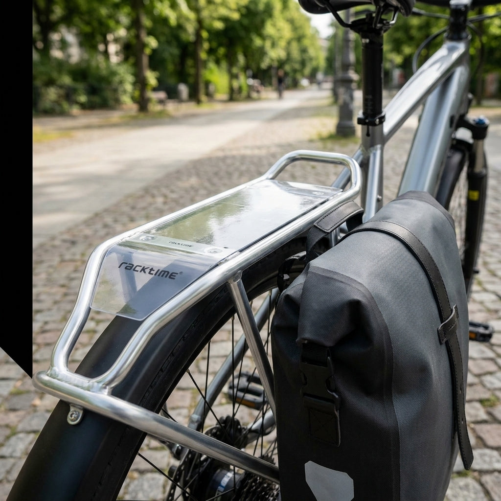 Racktime Schutzfolien Set transparent auf Fahrrad-Gepäckträger montiert, dient als Kratzschutz.