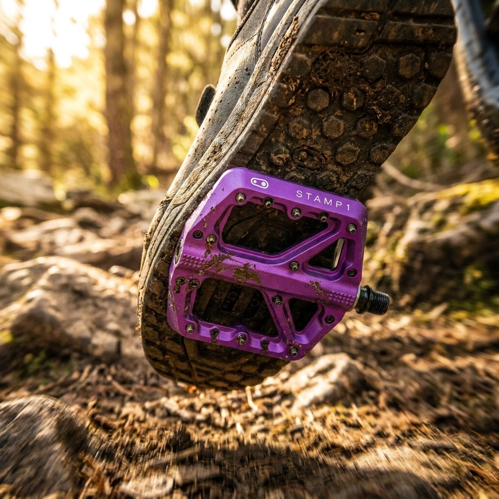 Crankbrothers Stamp 1 Gen 2 lila Plattform-Pedal am Mountainbike-Schuh auf schlammigem Waldweg.