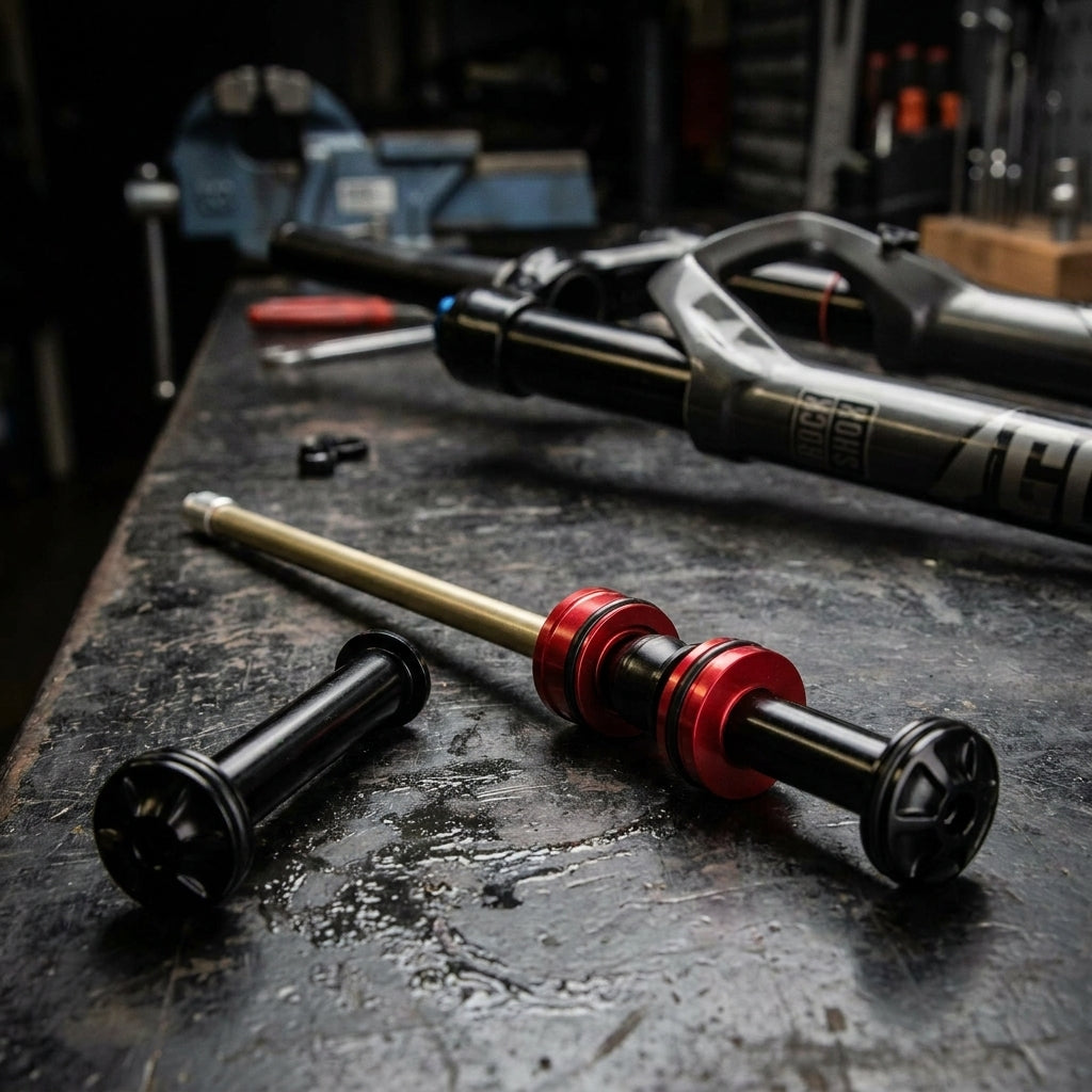RockShox Boxxer C1+ Luftfeder Upgrade Kit DA 180mm Komponenten auf Werkbank für Fahrradgabel Service.