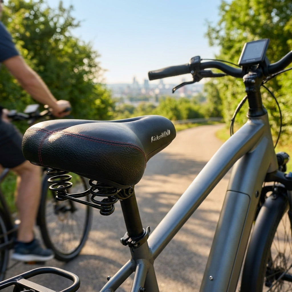 Schwarzer P&P Rückenwind Bequemsattel mit roter Naht und Federung auf grauem E-Bike.