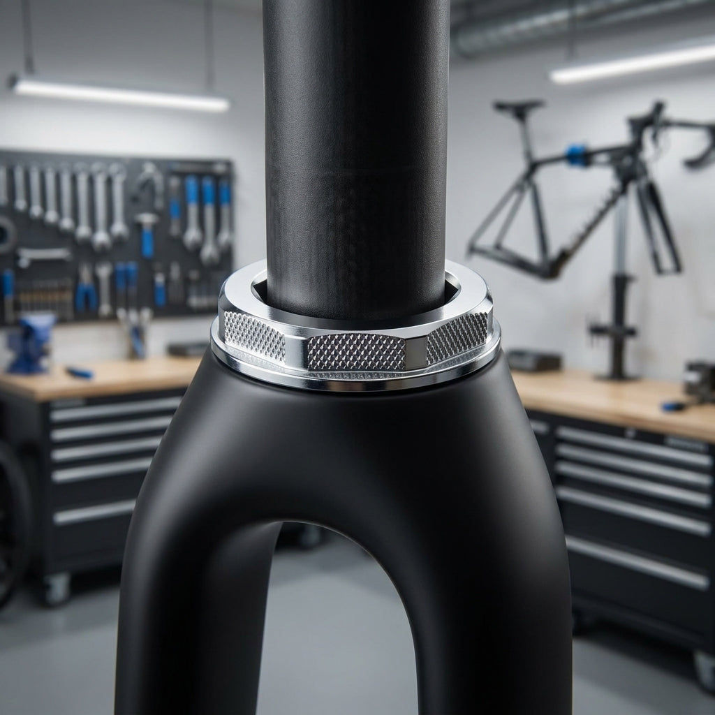 SHIMANO Rändelmutter 25mm auf schwarzer Carbon-Fahrradgabel, Werkstatt im Hintergrund.