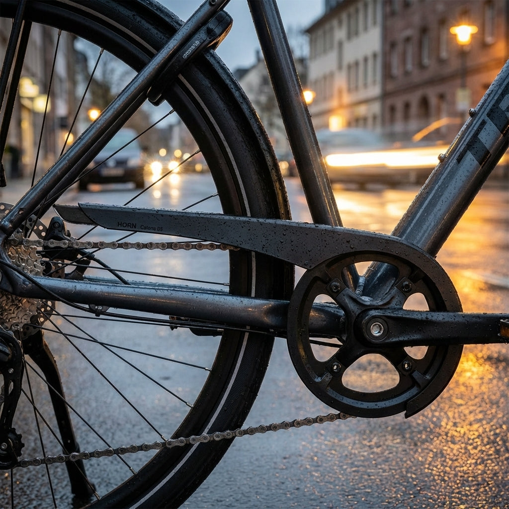 HORN Kettenschutz CATENA 05-3 schwarz an Fahrrad montiert, wetterfester ABS-Kunststoff für 3-fach Kettenblätter.