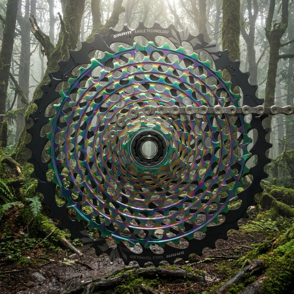 SRAM Kassette XG-1299 X-Glide rainbow 10-50T für Mountainbike, mit Kette in einem moosigen Wald.