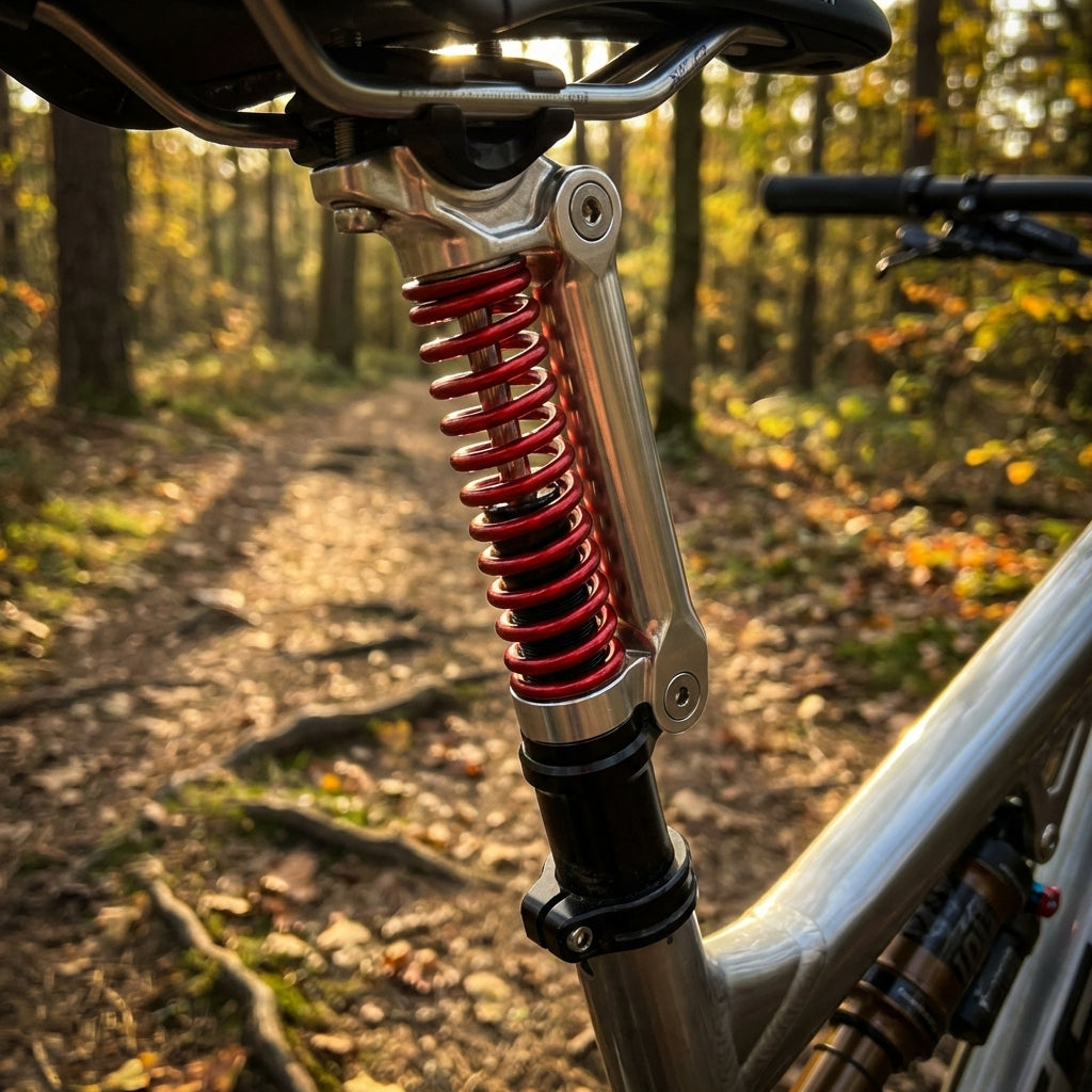 Rotes XLC Federelement SP-S11 hart, 155mm, an Fahrrad-Sattelstütze im Herbstwald.