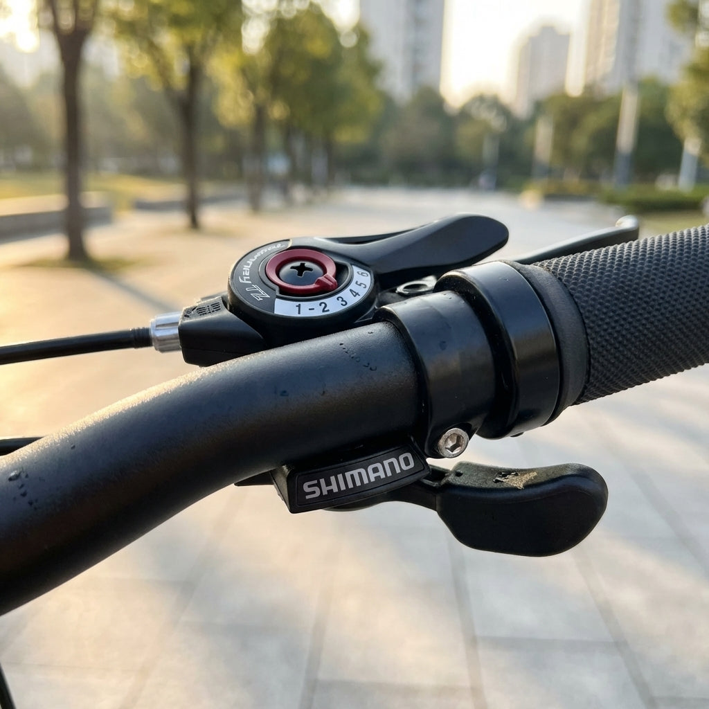 SHIMANO 6-fach Schalthebel TOURNEY TZ SL-TZ500 am Fahrradlenker Nahaufnahme