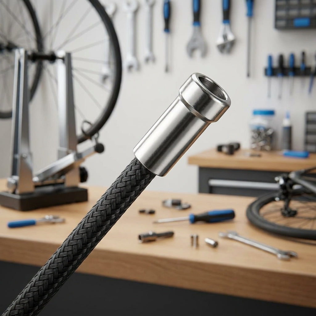 Nahaufnahme SHIMANO Stahl-Endkappe für Bremszugaußenhülle in Werkstatt, für saubere, langlebige Zugabschlüsse.