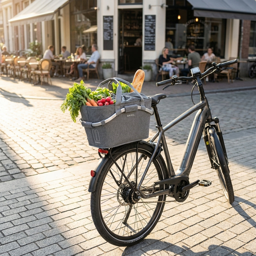 BASIL 2Day Carry All MIK 2.0 Gepäckträgerkorb 22L grau mit Kordelverschluss & Reflektoren auf Fahrrad mit Einkäufen.