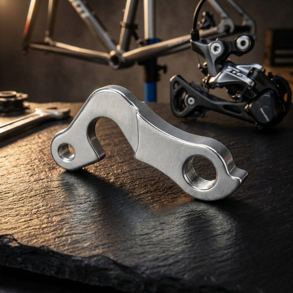 Silbernes XLC Schaltauge DO-A20 aus Aluminium für präzise Schaltung bei MTB und Rennrädern.