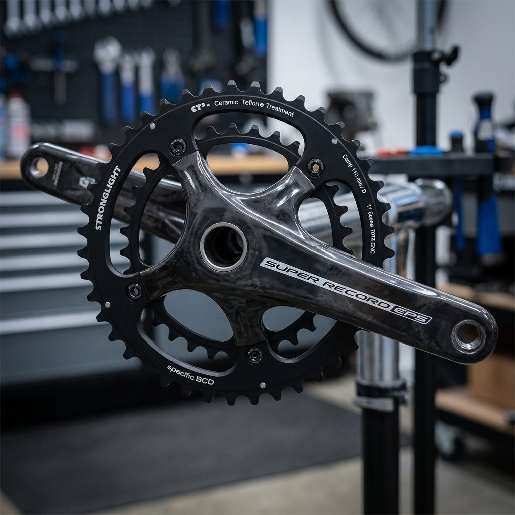 Stronglight CT2 Kettenblatt 39Z schwarz, 110mm BCD, an Campagnolo Super Record EPS Kurbelgarnitur in Werkstatt.