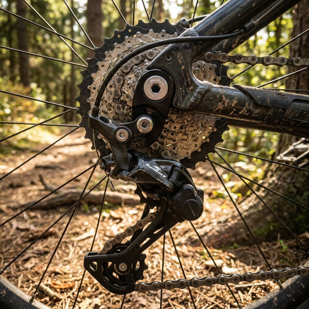 SunRace SP570 Extended Link Schaltwerk-Verlängerungsadapter schwarz an Mountainbike-Schaltwerk mit Kassette.