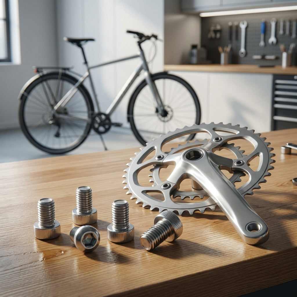 4 Shimano Befestigungsschrauben für Kettenschutzring auf Werkbank neben einer silbernen Kettenradgarnitur.