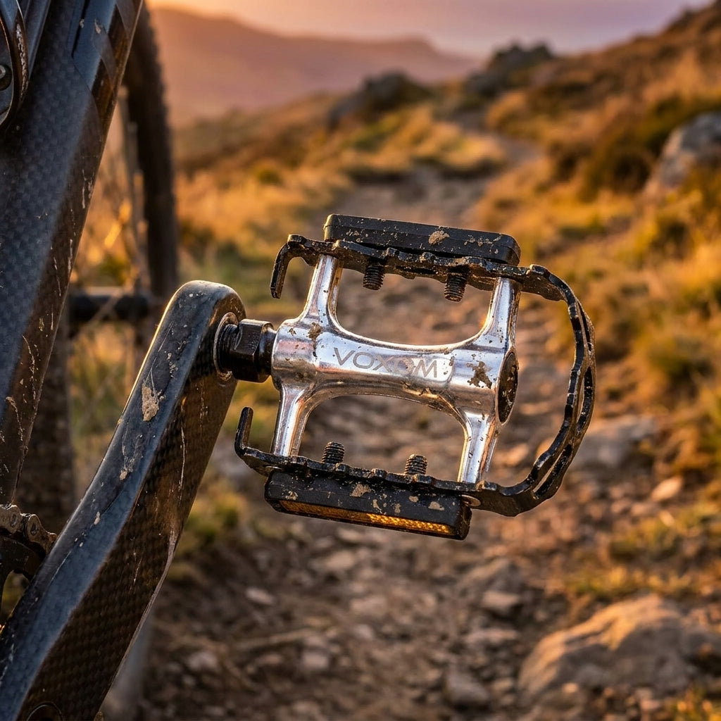 Robuste Voxom MTB Pedale am Mountainbike auf schlammigem Trail bei Sonnenuntergang.