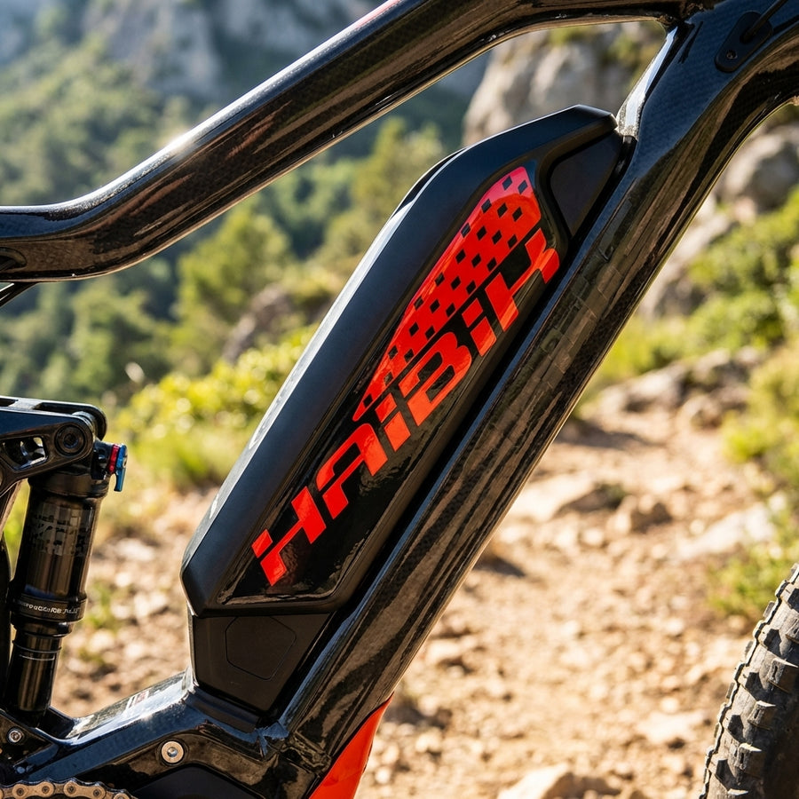 BOSCH Dekor S/Xduro für E-Bike Batteriegehäuse, rot-schwarz glänzend mit HAIBIKE Schriftzug auf Mountainbike.