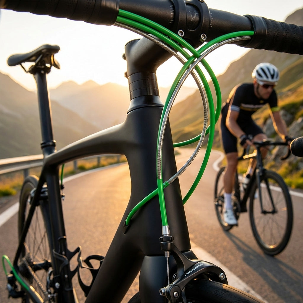 Jagwire Schaltzugset Road & Mountain Pro 2x Grün an schwarzem Rennrad für höchste Schaltpräzision.