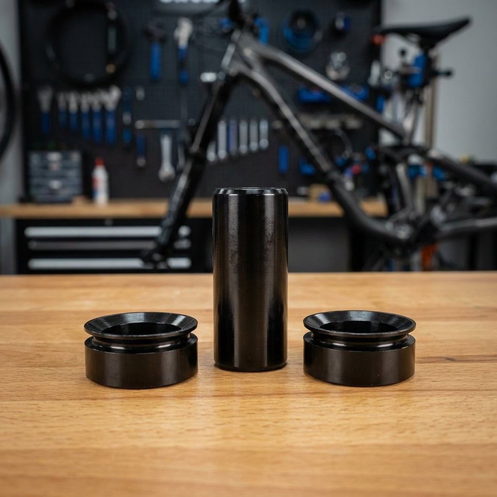 RockShox 3-teiliges Dämpfer-Montagematerial 1/2" 8x25.4, schwarz, auf Holztisch.