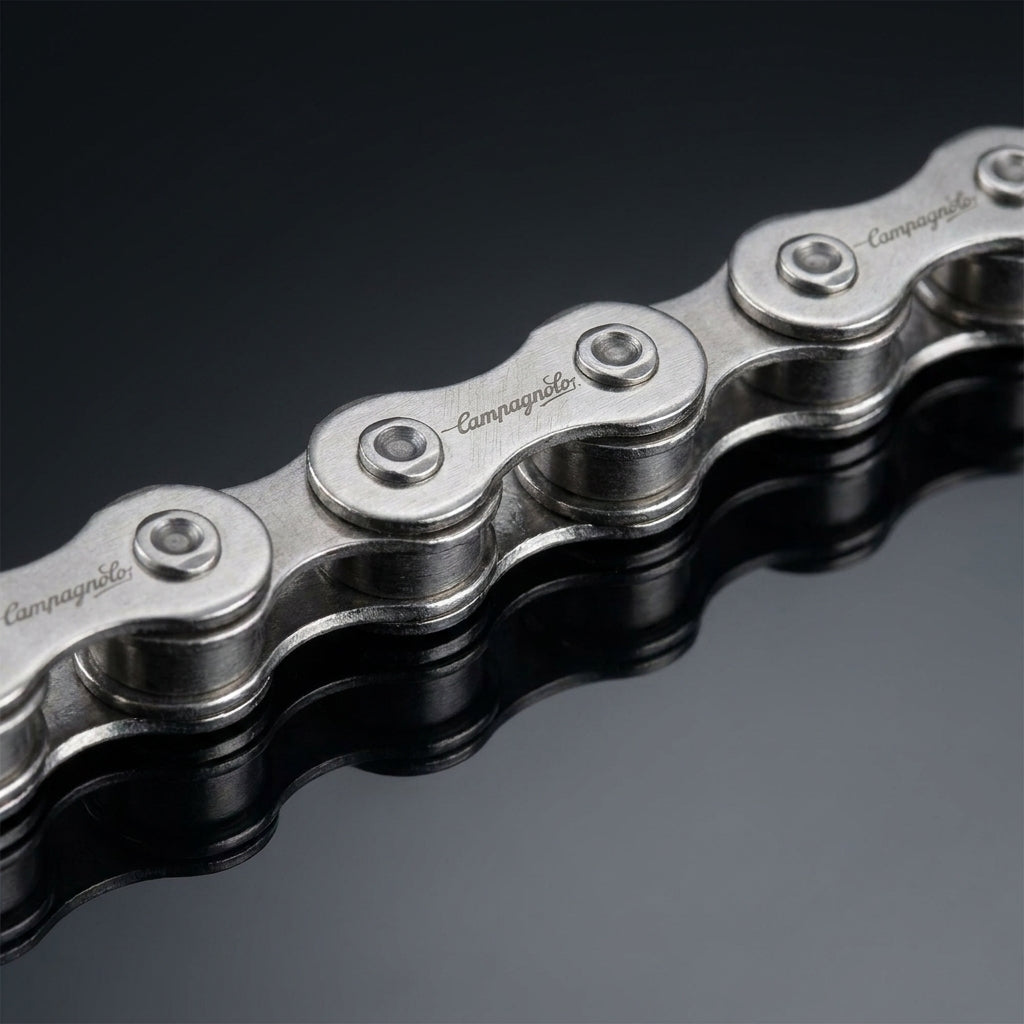 Silbernes Campagnolo Fahrrad Kettenglieder-Set Ultra Narrow 5,9mm HD-Link auf dunklem, spiegelndem Grund.