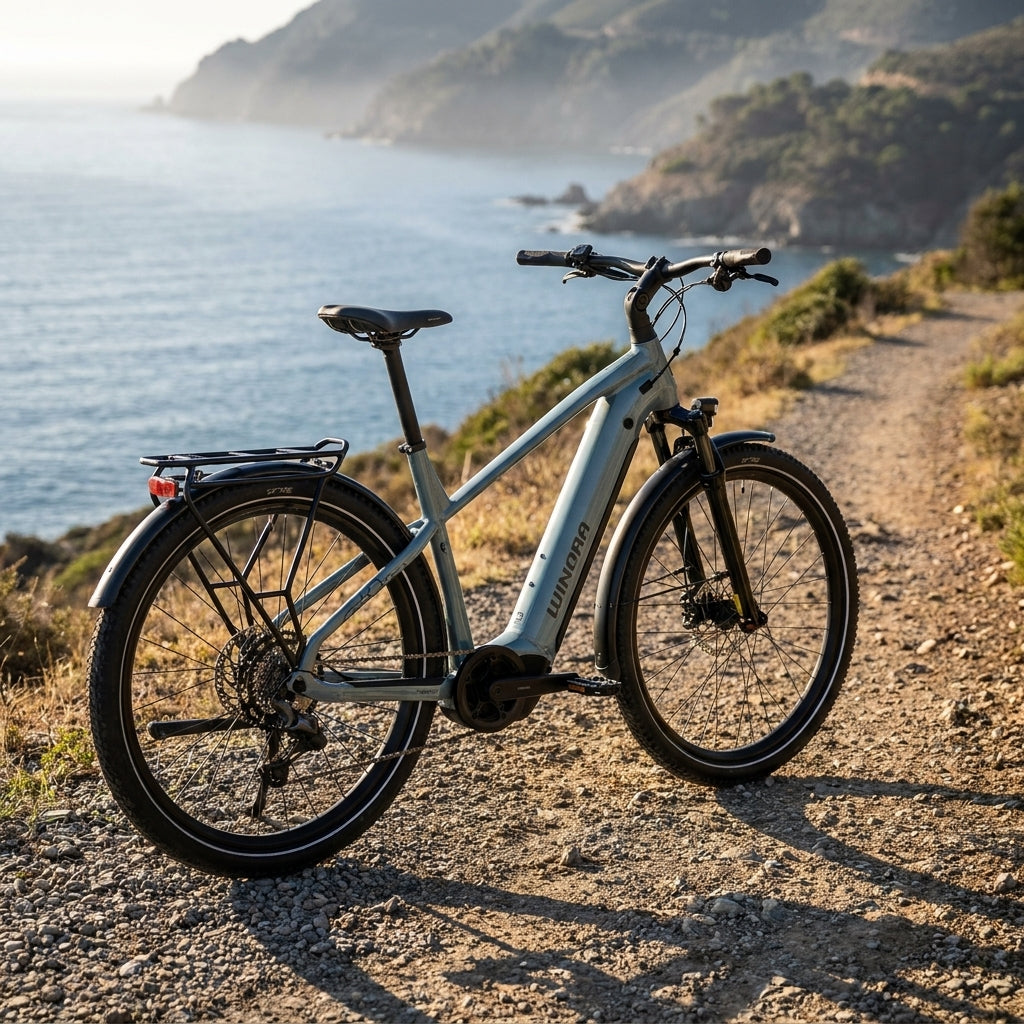 Winora YUCATAN X9 HIGH E-Bike 'lush glacier'. Modernes Trekkingrad mit 600Wh Akku für mühelose Touren.