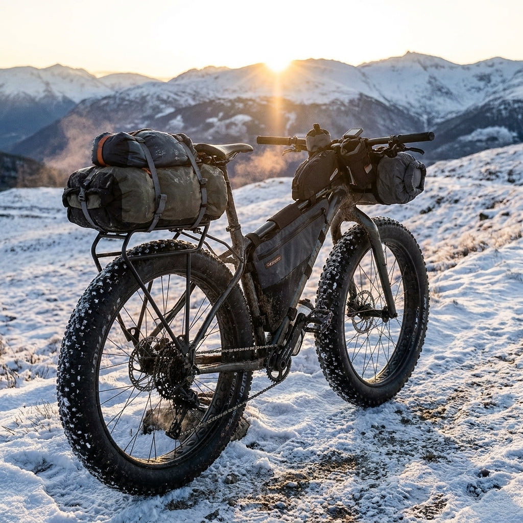 Schwarzer Tubus FAT Gepäckträger am Fatbike in verschneiter Berglandschaft bei Sonnenuntergang. Stabiler Träger für 26-28 Zol