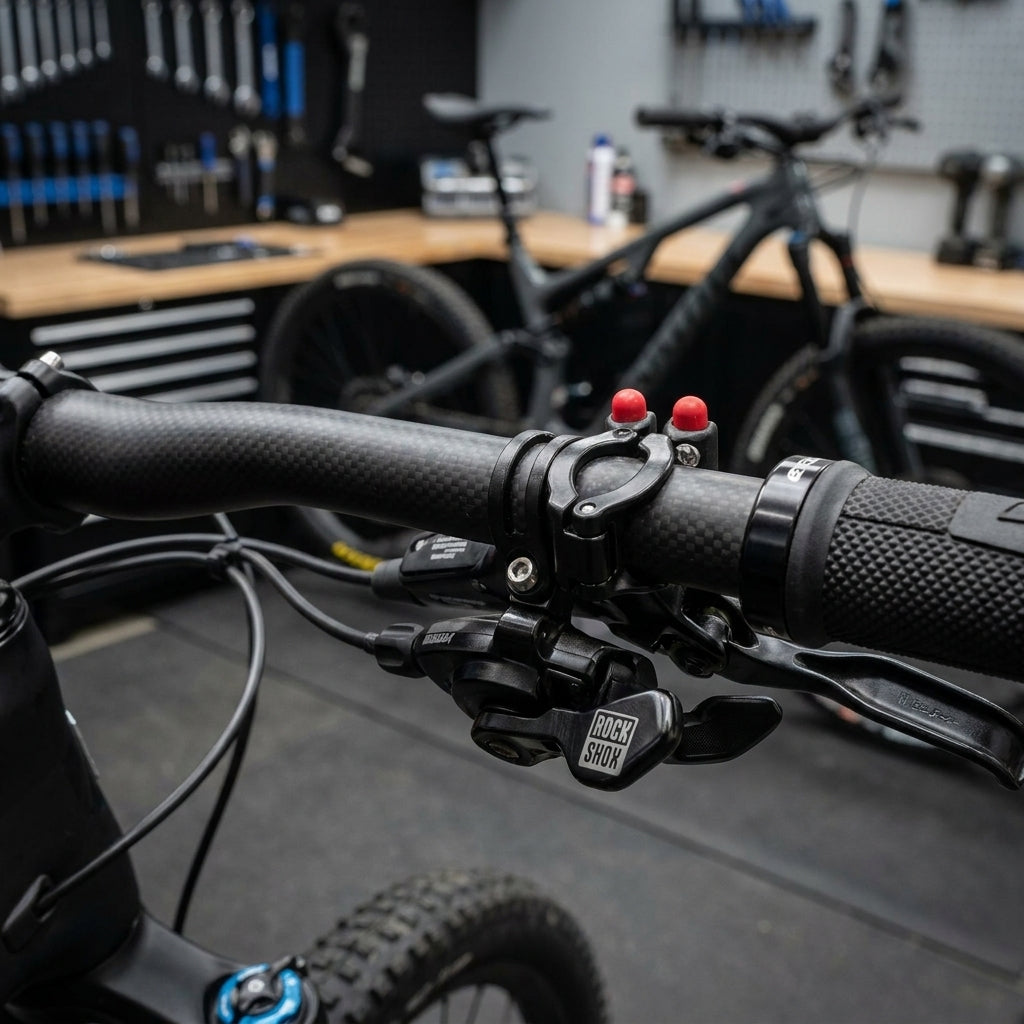 SRAM Matchmaker X Paar schwarz am Mountainbike-Lenker mit RockShox Remote-Hebel für aufgeräumtes Cockpit.