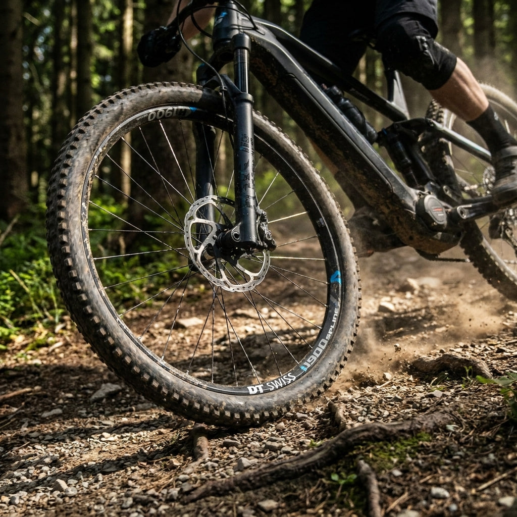 DT Swiss H 1900 SPLINE eMTB Laufrad. Robustes E-Bike Hinterrad auf Waldweg in Aktion.