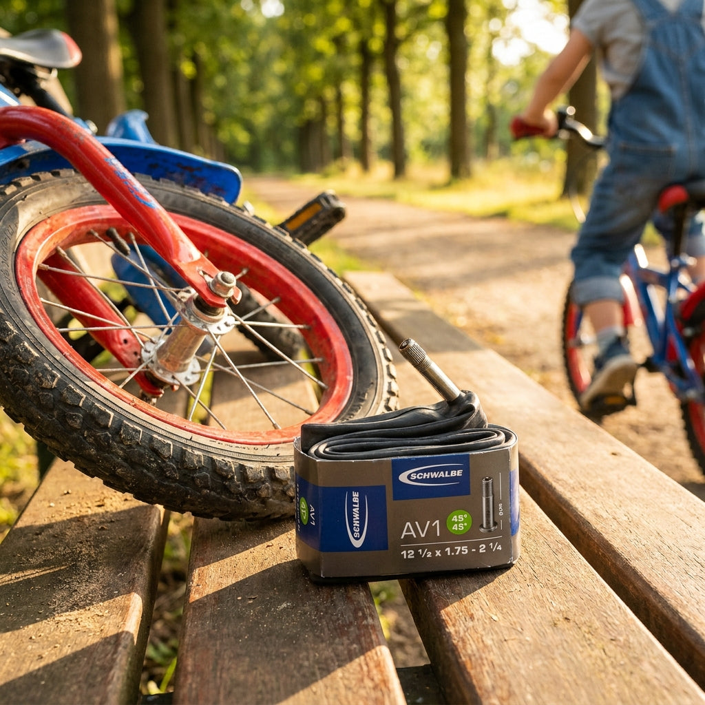 Schwalbe AV1 Fahrradschlauch 12 Zoll mit 45 Grad Autoventil für Kinder und Laufräder. Hochwertiger Butylschlauch, pannensicher.
