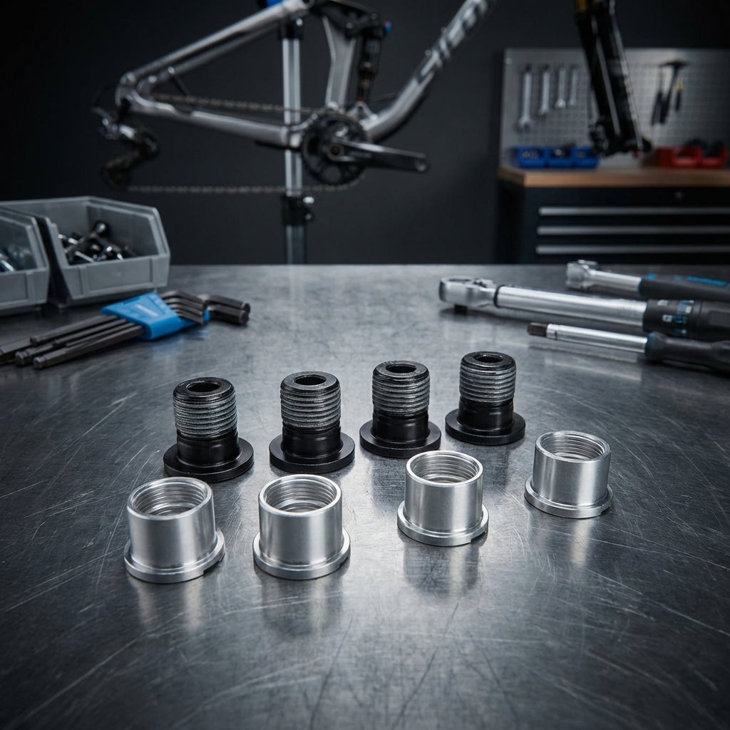 Schwarze und silberne SHIMANO Kettenblattschrauben für FC-M6000 zur präzisen Befestigung in einer Fahrradwerkstatt.