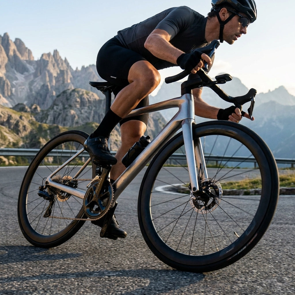 Rennradfahrer auf modernem SHIMANO Di2 Rennrad auf alpiner Passstraße.
