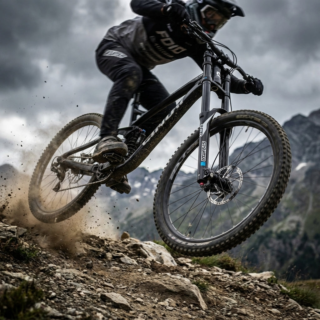 Mountainbiker springt mit SR Suntour SF18 RUX 38 Federgabel 27.5 Zoll schwarz matt über Felsen und Schotter.