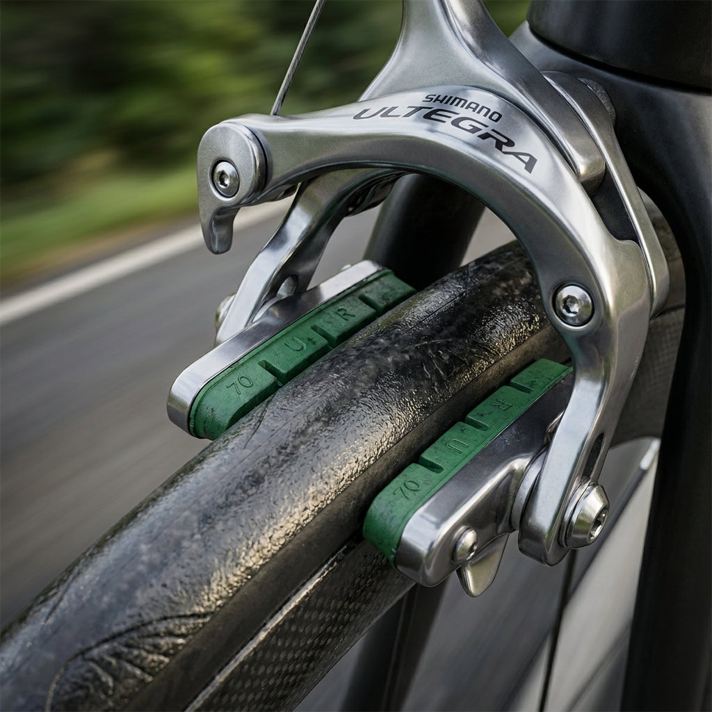Grüner XLC Ersatzbremsgummi für Shimano Rennradbremse am Laufrad.