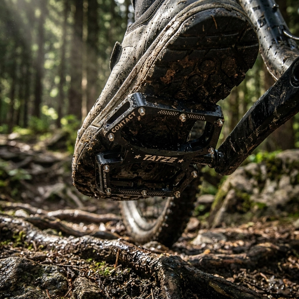 Tatze CONTACT CNC S schwarzes Plattformpedal aus CNC-Aluminium mit 10 Pins für Mountainbikes. Maximaler Grip und Kontrolle.