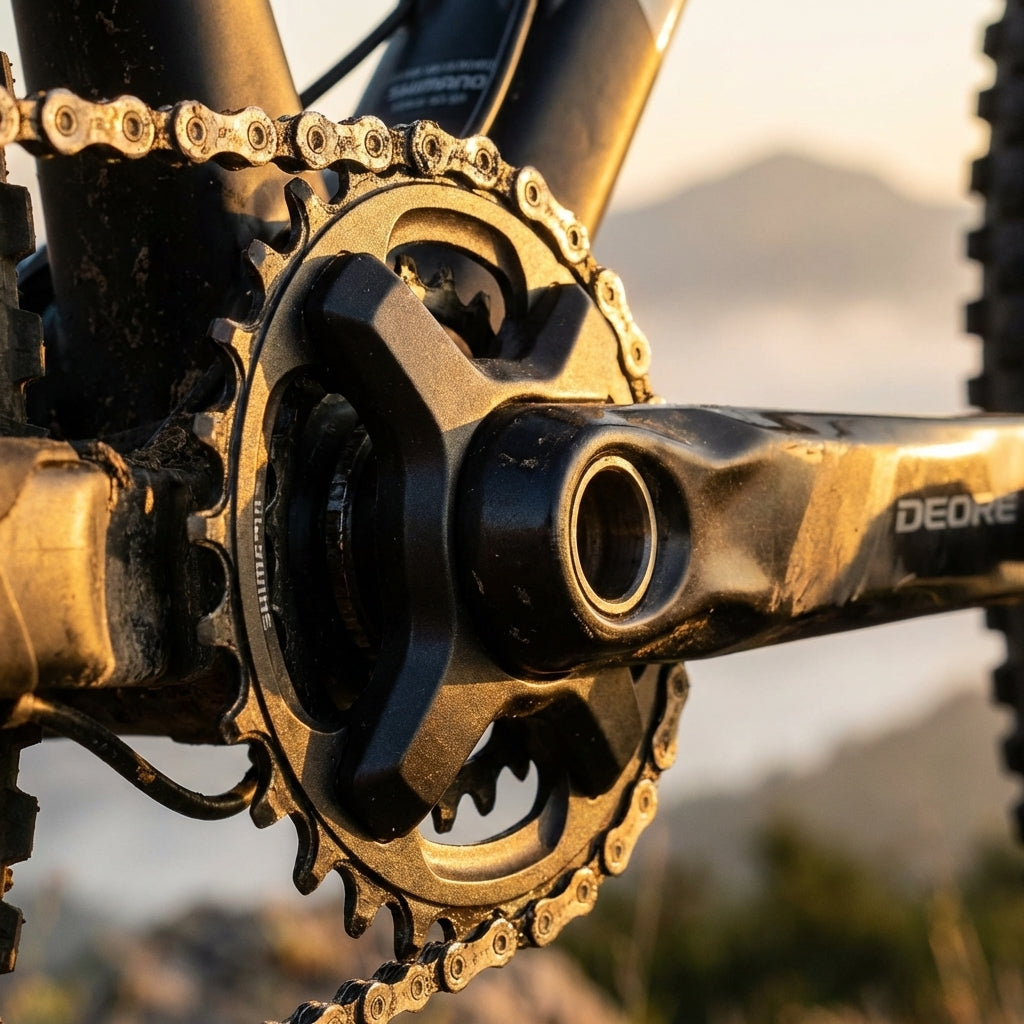 Shimano Deore Kettenblatt FC-M617/660 mit 22 Zähnen an einer schwarzen Kurbel mit Kette im Sonnenlicht.