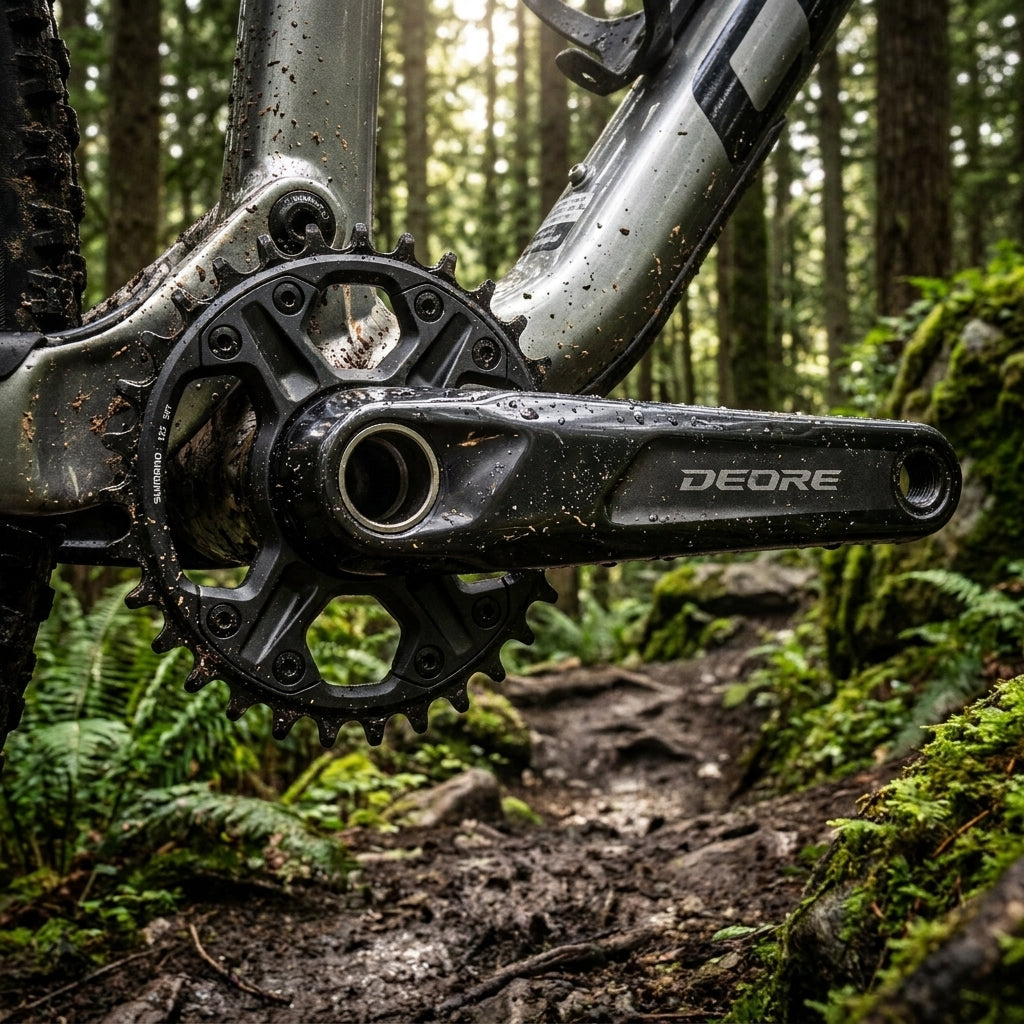 Schlammige SHIMANO DEORE FC-M6100 12-fach Kurbelgarnitur mit 30 Zähnen am Mountainbike im Wald auf Trail.