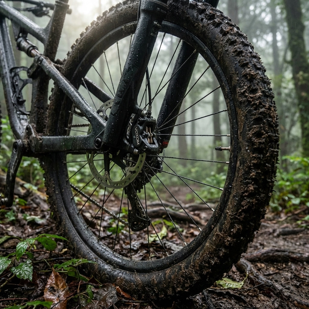 Voxom Scheibenbremsbeläge für Shimano XTR am schlammigen Mountainbike im Wald.