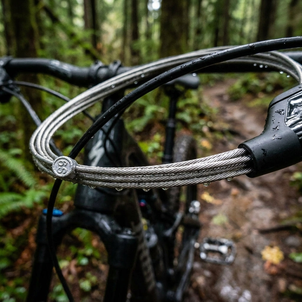 SRAM MTB Bremszug 2000mm am Mountainbike-Lenker mit Regentropfen auf nassem Waldweg.