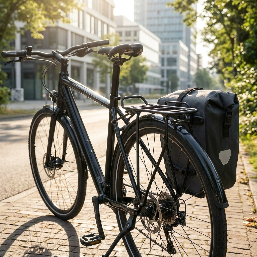 racktime Gepäckträger STAND IT 2.0 26 Zoll schwarz am Fahrrad mit Packtasche