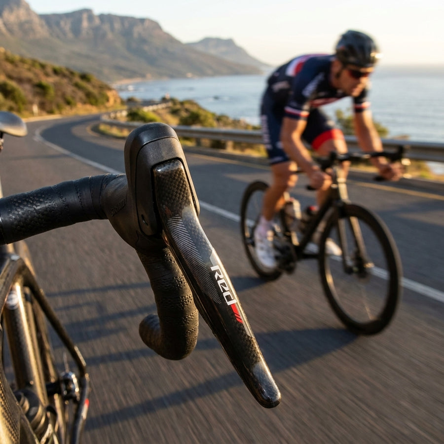 SRAM RED 11-fach Schalt-/Bremshebel rechts am Rennrad, Carbon-Design, in Aktion auf Küstenstraße.