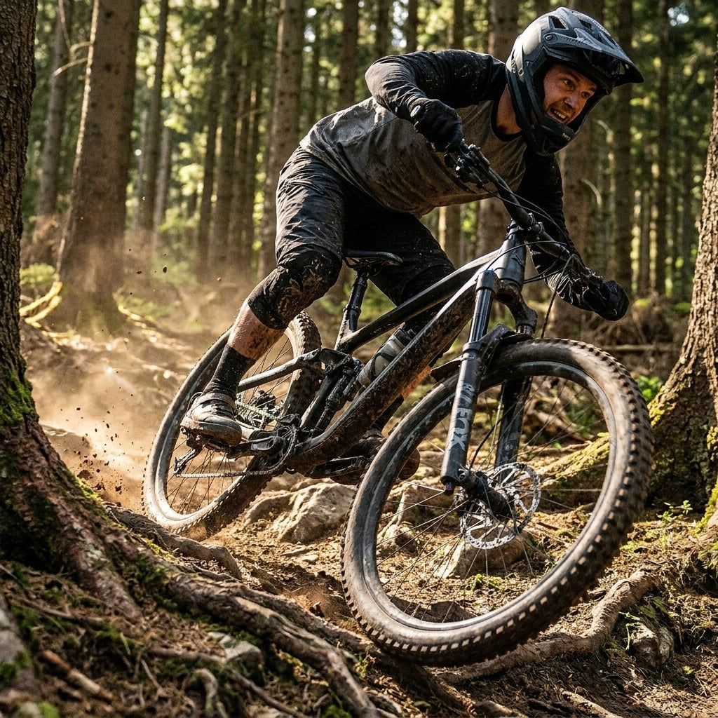 Mountainbiker im Action-Shot auf Waldweg. XLC Dropper Post SP-S13 für maximale Kontrolle.
