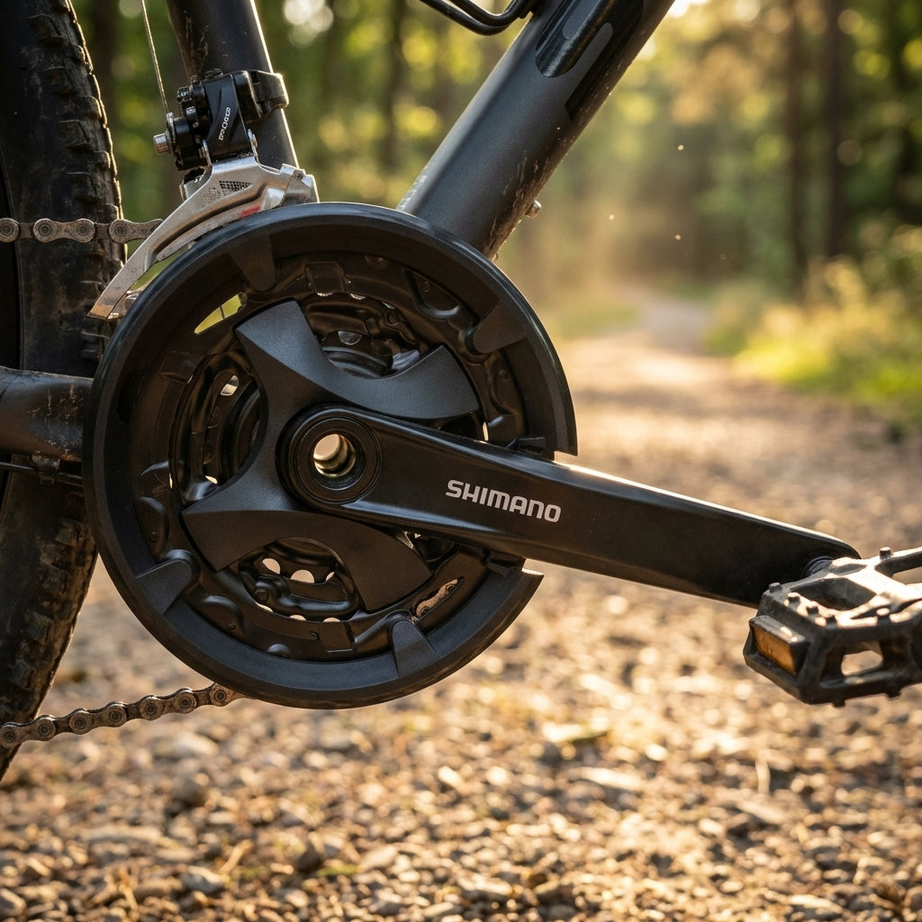 Shimano Kurbelgarnitur FC-MT101 170 mm 40-30-22 Zähne am Mountainbike auf Waldweg.