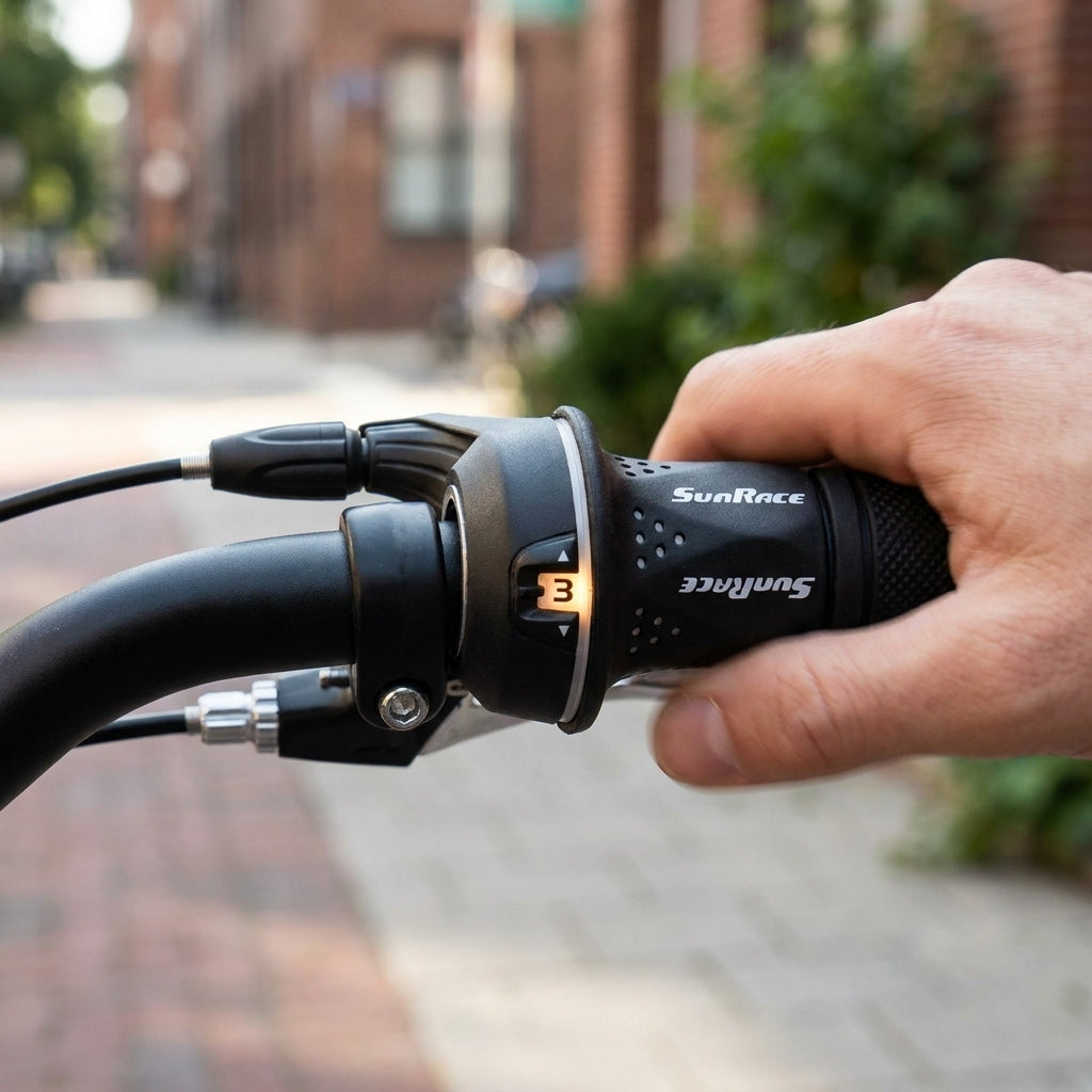 Hand am Fahrradlenker mit SUNRACE TSM21 Drehgriffschalter rechts 6-fach schwarz-grau, Ganganzeige zeigt 3.