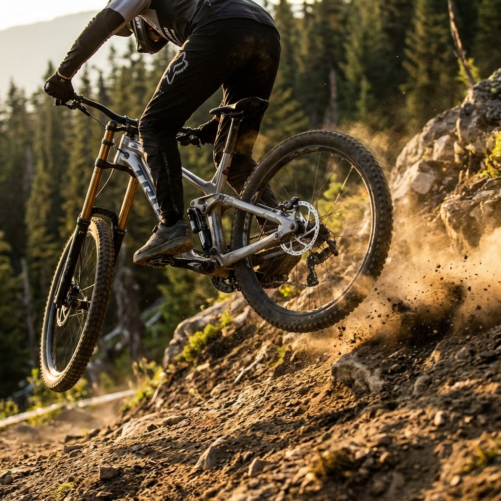 RockShox Vivid Ultimate DH Dämpfer an Downhill-Mountainbike im Sprung, Staub aufwirbelnd.