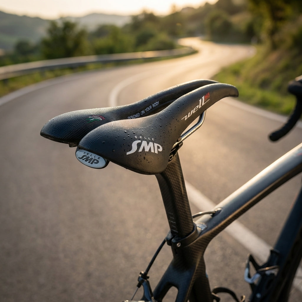 Selle SMP Well M1 Fahrradsattel schwarz Unisex 279x163mm Modell 2020 auf Rennrad mit Wassertropfen.