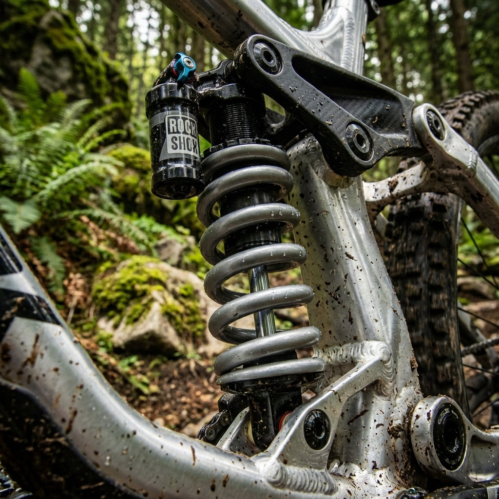 RockShox graue Feder für Hinterraddämpfer Vivid/Kage 600LB an schlammigem Mountainbike im Wald.