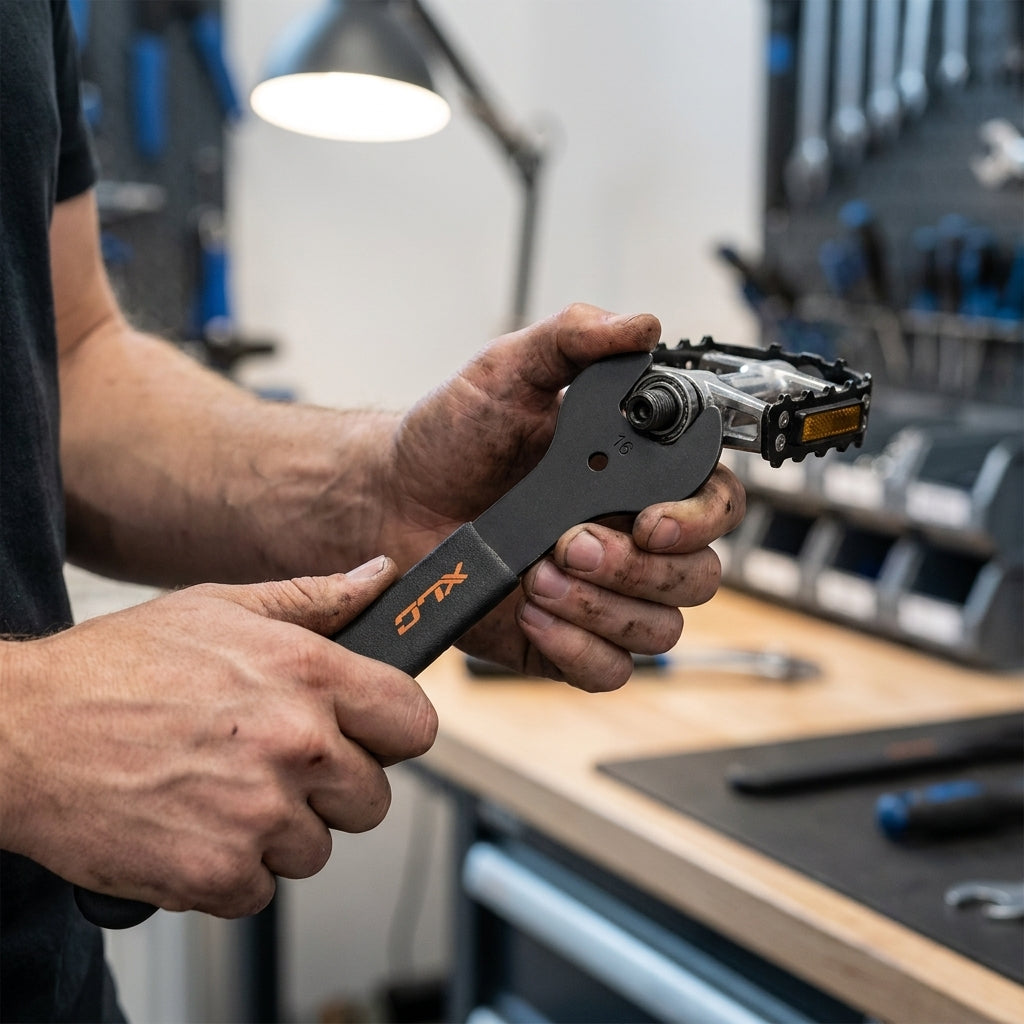 XLC Konusschlüssel TO-S22 16mm wird an einem Fahrradpedal verwendet.